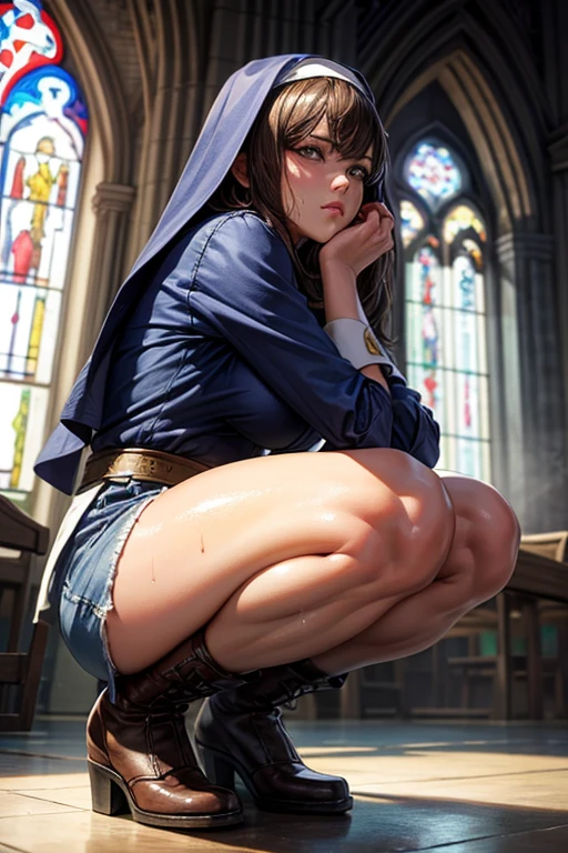 (Very detailed,Highest quality,4K,8K,16K,High resolution,masterpiece:1.5), (Perfect hands,Perfect Legs), (Realistic,photoRealistic,photo-Realistic:1.37),
One beautiful woman, Siggy, Nuns, Green Eyes, ((Blue Habits)), (Brown leather boots),
Beautifully detailed sweat glands, Smooth skin texture, Carefully drawn,
Outstanding proportions, Lively expressions, (Big Breasts), (Big Ass), ((Sticky with sweat)), ((Spread your legs and do a squat)), In a sexy pose,
((Inside the church)), (((The church has many believers))), Cowboy Shot,