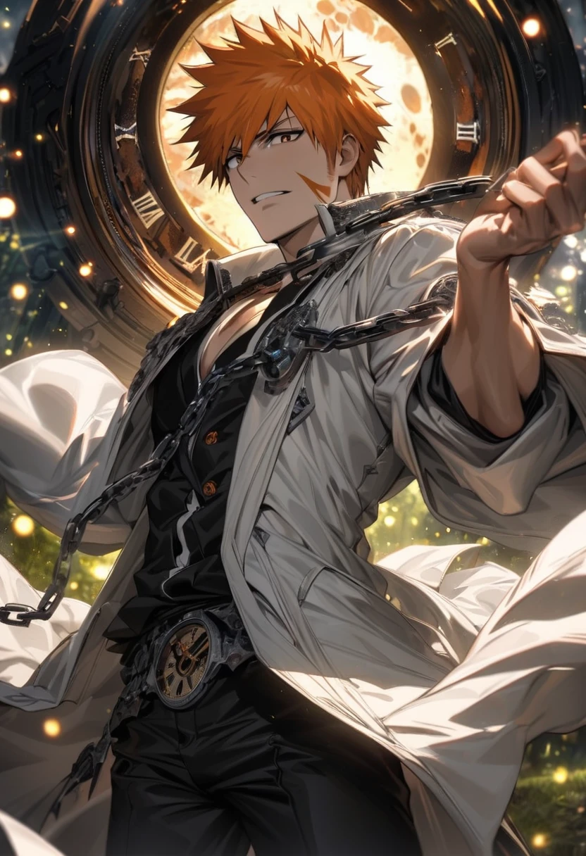 absurdres, highres, ultra detailed, HDR, master piece, best quality, extremely detailed face and eyes, perfect face, Kurosaki Ichigo, expressive brown eyes, face close-up, orange hair, bleach, solo, sexy man, handsome, white coat, black pants, clock mechanical moon, fantasy, chains, fireflies