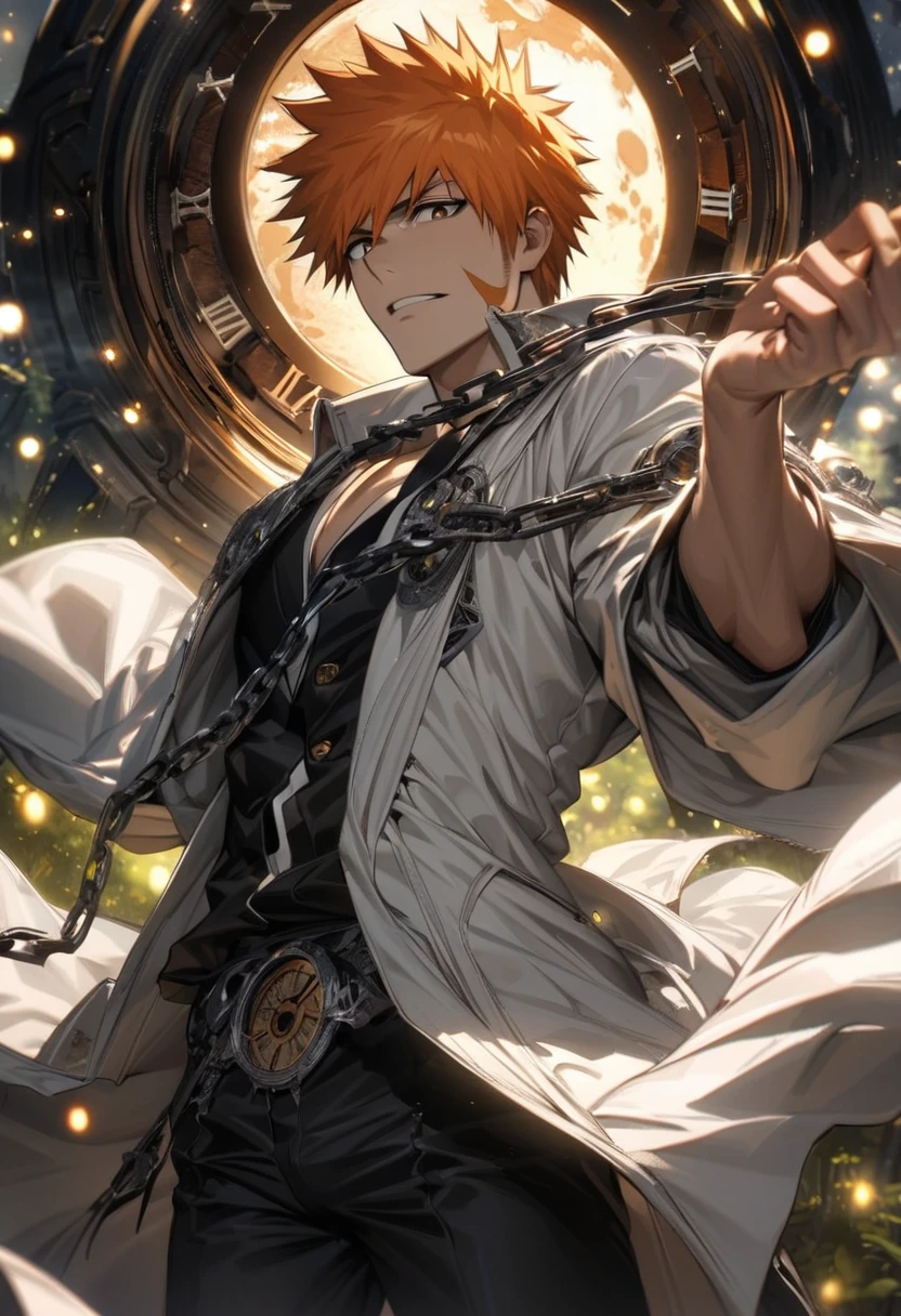 absurdres, highres, ultra detailed, HDR, master piece, best quality, extremely detailed face and eyes, perfect face, Kurosaki Ichigo, expressive brown eyes, face close-up, orange hair, bleach, solo, sexy man, handsome, white coat, black pants, clock mechanical moon, fantasy, chains, fireflies
