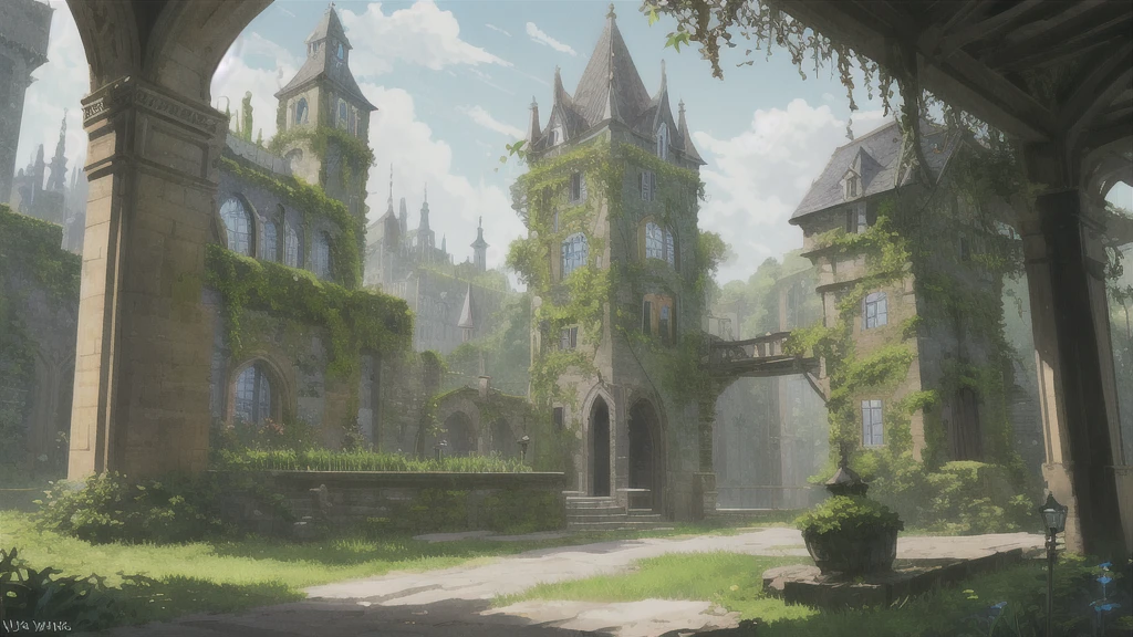 absurderes, background material, concept art, antique, anime, colorful, high quality, simple stone tower, in fantasy city, run down, covered in plants, ivy, close up