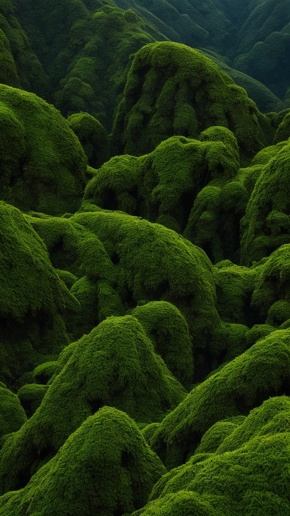 "A bird's-eye view of a mountain ridge with a line of massive, 50-meter-tall grotesque statues resembling skeletons, each covered in moss and vines. These towering statues are lined up along the mountain peaks, following the natural curve of the terrain. The statues have eerie, hollow eyes and decayed features, creating a haunting and unsettling atmosphere. The scene is set on a misty mountain top, with lush, green foliage covering the mountainside. The perspective emphasizes the enormous height of the statues and their endless line stretching along the ridge, blending seamlessly into the rugged landscape and evoking a sense of awe and fear. The image should be highly detailed, with realistic textures and lighting, capturing the depth and intricacies of the statues and the surrounding natural environment in 4K quality."