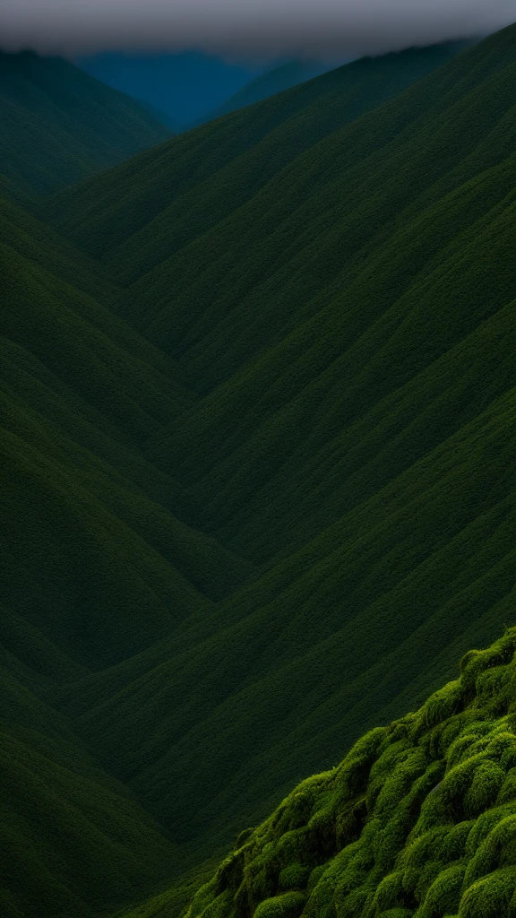 "A bird's-eye view of a mountain ridge with a line of massive, 50-meter-tall grotesque statues resembling skeletons, each covered in moss and vines. These towering statues are lined up along the mountain peaks, following the natural curve of the terrain. The statues have eerie, hollow eyes and decayed features, creating a haunting and unsettling atmosphere. The scene is set on a misty mountain top, with lush, green foliage covering the mountainside. The perspective emphasizes the enormous height of the statues and their endless line stretching along the ridge, blending seamlessly into the rugged landscape and evoking a sense of awe and fear. The image should be highly detailed, with realistic textures and lighting, capturing the depth and intricacies of the statues and the surrounding natural environment in 4K quality."