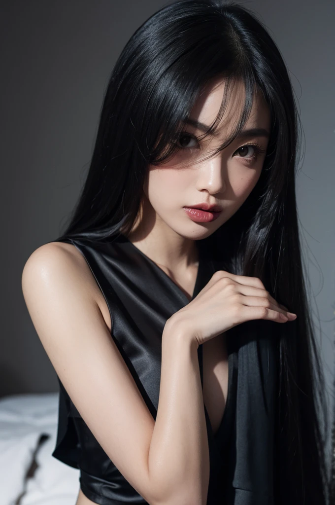 there is a woman with long black hair posing for a picture, Ulzzang, clear lips and high quality, Sha Xi, gorgeous chinese model, dilraba dilmurat, cruel korean goth girl, Middle metaverse, Xintong Chen, 🤤 retrato da , Xision Wu, 2 Modelo feminina de 4 anos, com cabelos longos e olhos penetrantes