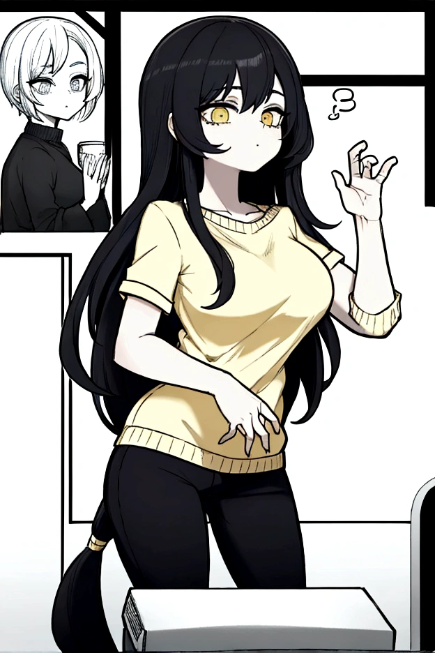 cool posee,Score6, black hair, long hair,yellow sweater