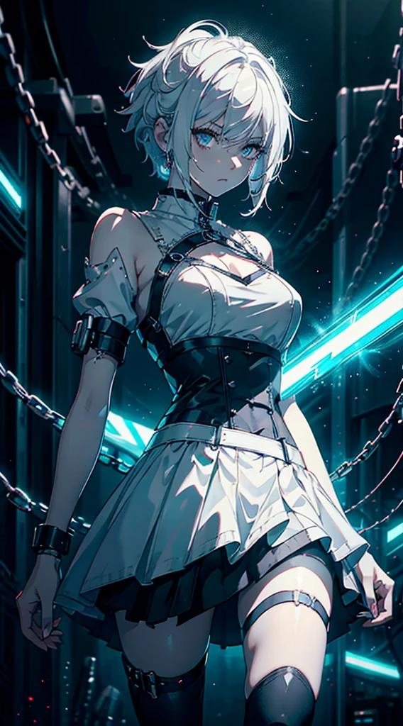 Girl,white hair,short and messy hair, white eyes, Holding a chain whip, cute, skirt, white blouse, cyberpunk style, mecanic parts, eletronic details,living room background.HD lighting and dark )(epic image quality) dark atmosphere with bright particle light(many effects in background), fullbody shot