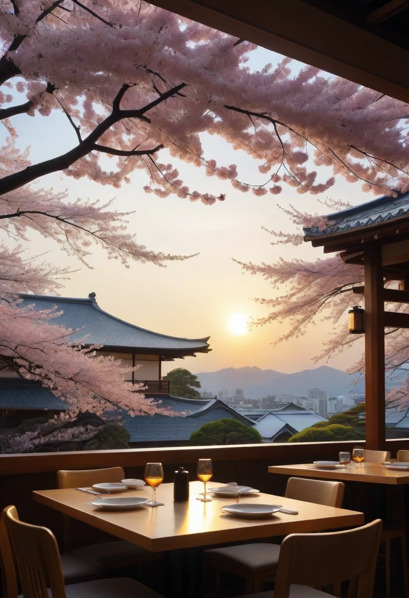 landscape Japanese restaurant Sakura without people sunset warm sunlight