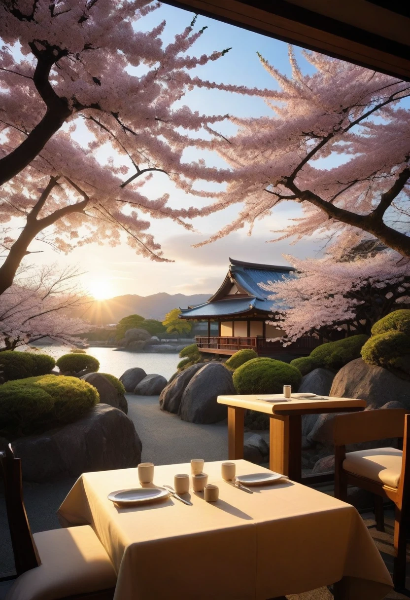 landscape Japanese restaurant Sakura without people sunset warm sunlight