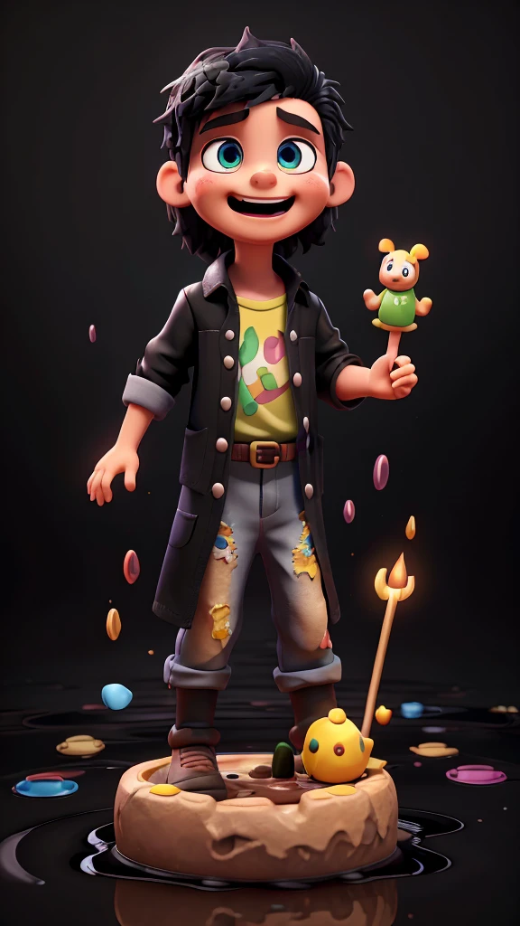 A lush 3D representation of (child Jesus Christ) with an hourglass, (biblical clothing), (((piercing gaze))) his expressive eyes shining with joy as he laughs with his mouth open. black background with a large puddle of multicolored paint, the background has colorful splash effects, (((puddle of multicolored paint on a black background surrounding the character) )), The black background shines with a puddle of paint behind the 3D characters. Created with Unreal Engine, Octane Engine and Vray, disney, cartoon network, with a style inspired by Pixar.