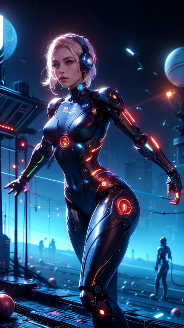 top quality, future world, State-of-the-art robot, Beautiful Woman, flying hair, Transformed into a cyborg except for the face, sexy images, whole body photo, ((Athlete, short put, metal ball on neck))