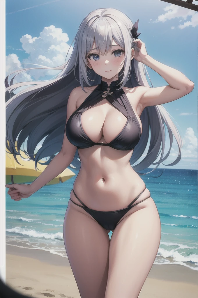 Três lindas mulheres de pele clara em biquínis posam para uma foto de grupo at beach, seductive anime girls, beautiful and seductive anime woman, Guviz-style artwork, perfect white haired girl, Guviz, cute anime girl, ross tran. Background of the scene, at beach, Beautiful Anime Woman, trends on artstation pixiv, 极其详细的Artgerm, Beautiful anime beauty，Extra large breasts，blush，perfect body slim curves，8K romantic art photos，