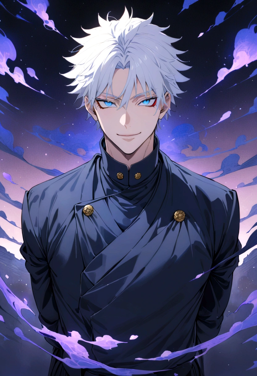 (masterpiece:1.3),(Highest quality:1.4),(Very detailedな:1.5),High resolution,Very detailed,8K,(1 male,Satoru Gojou,JUJUTSU KAİSEN,White Hair)Gojo Satoru,Confident々Smile,Beautiful Blue Eyes、(The background is blue and purple space)
