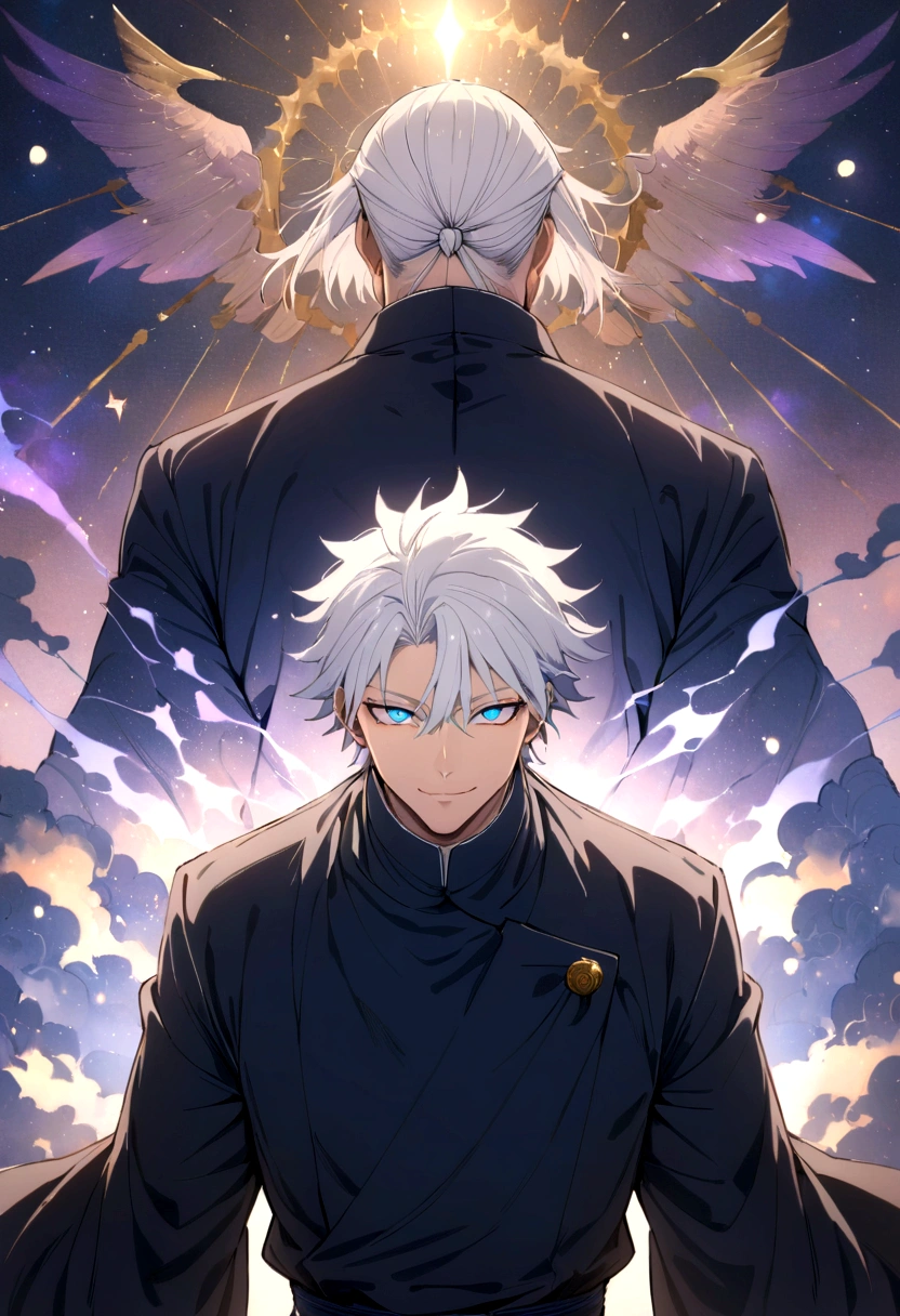 (masterpiece:1.3),(Highest quality:1.4),(Very detailedな:1.5),High resolution,Very detailed,8K,(1 male,Satoru Gojou,JUJUTSU KAİSEN,White Hair)Gojo Satoru,Confident々Smile,Beautiful Blue Eyes、（The background is blue and purple space）