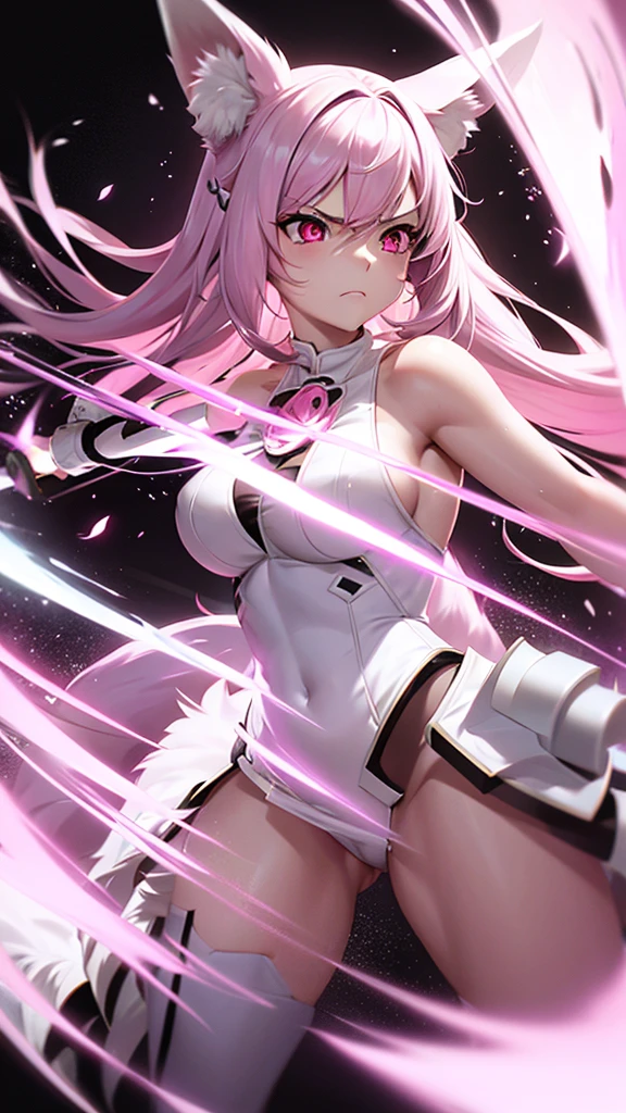 An adult woman, half fox, pink and white ears, pink and white hair, pink eyes, little white and black dress, wide breasts, very angry, holding a sword