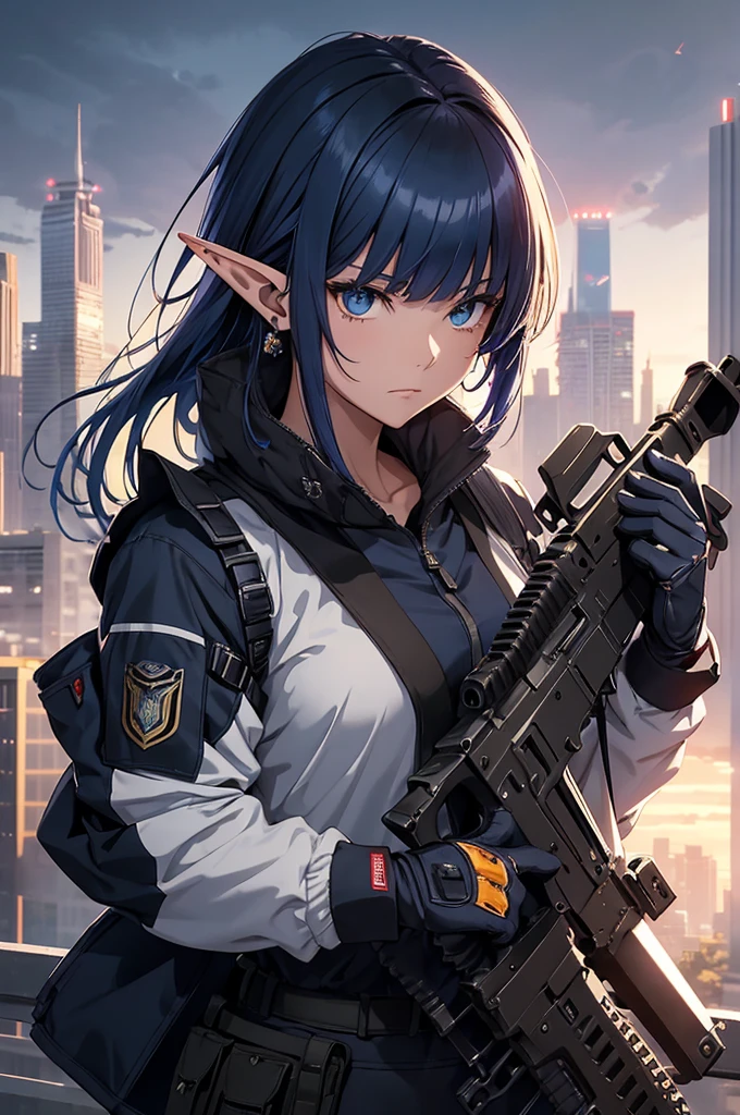Create a high-quality anime-style image featuring an elf girl with dark navy-blue hair and straight-cut bangs. She is a member of a special forces police unit. She has a large red earring on her right ear and is holding an assault rifle. The background should feature a city inside a dome, with a black armored vehicle beside her.