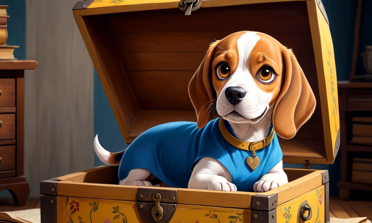 Show one in blue dress opening a wooden chest with eyes of happiness with a beagle next to her. Inside the chest, there is a diary with yellowed pages, full of stories and drawings.
