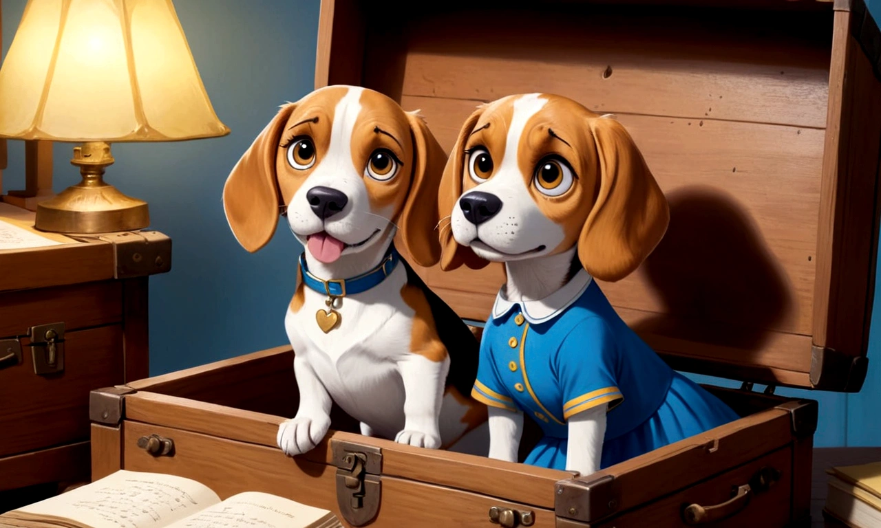 Show one in blue dress opening a wooden chest with eyes of happiness with a beagle next to her. Inside the chest, there is a diary with yellowed pages, full of stories and drawings.