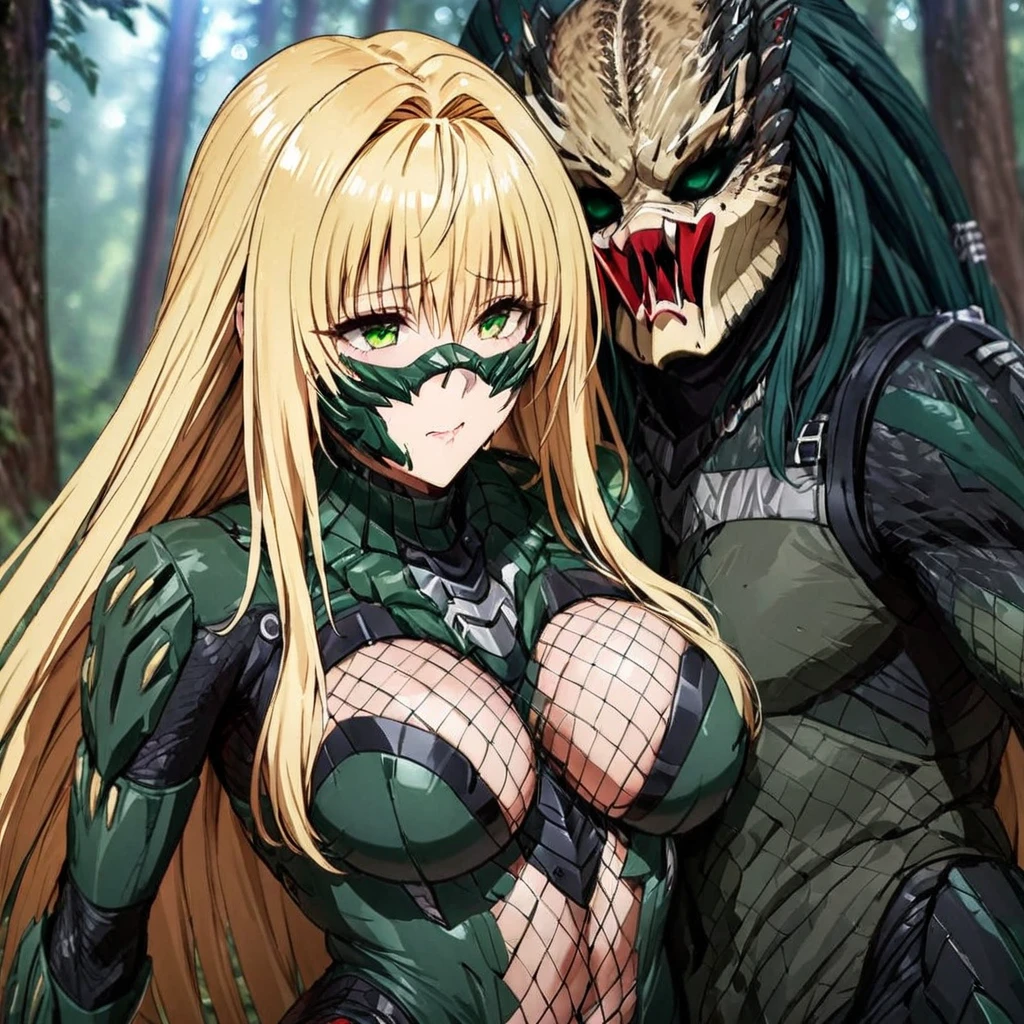 ((Highest quality)), ((masterpiece)), (detailed), (Perfect Face)、The woman is a Predator named Tearje, with green eyes, medium-long blonde hair, a Predator suit, a Predator mask that covers her entire face, and a face that looks like a Predator, making her a complete female Predator, snuggling up to her fellow male Predator in the forest.
