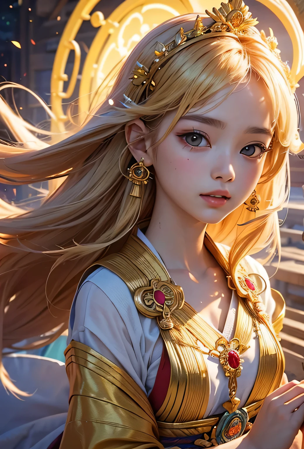"Child of the Sun, Goddess of Love": Within a sacred sanctuary bathed in sunlight, depict the figure of a sun goddess who governs love, facing forward and emanating divine radiance. She is a , around . Zoom in to focus on her face, with a gleaming orb of light in her hands, representing the life-giving power of the sun. Her hair is shimmering gold, and she is wearing a traditional miko outfit as seen in Japanese shrines. The background should be predominantly gold, evoking a sense of divine splendor, with numerous heart-themed objects expressing the beauty of love. The setting is in heaven, enveloped in soft, bright light, where one can find tranquility and peace of mind, free from any trace of anxiety.Straight-on.