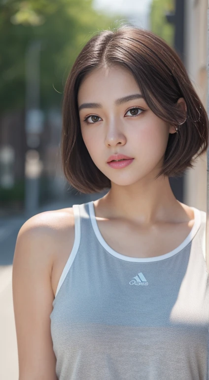 Very detailed CG Unity 8k 壁紙, Highest quality, Very detailed, masterpiece, Realistic, photo Realistic, Very detailed cute girl, Age 25, logic, 腹logic, Round eyes, Audience, blush, Part your lips, Half Body Shot ,
Sportswear , Gym , short hair