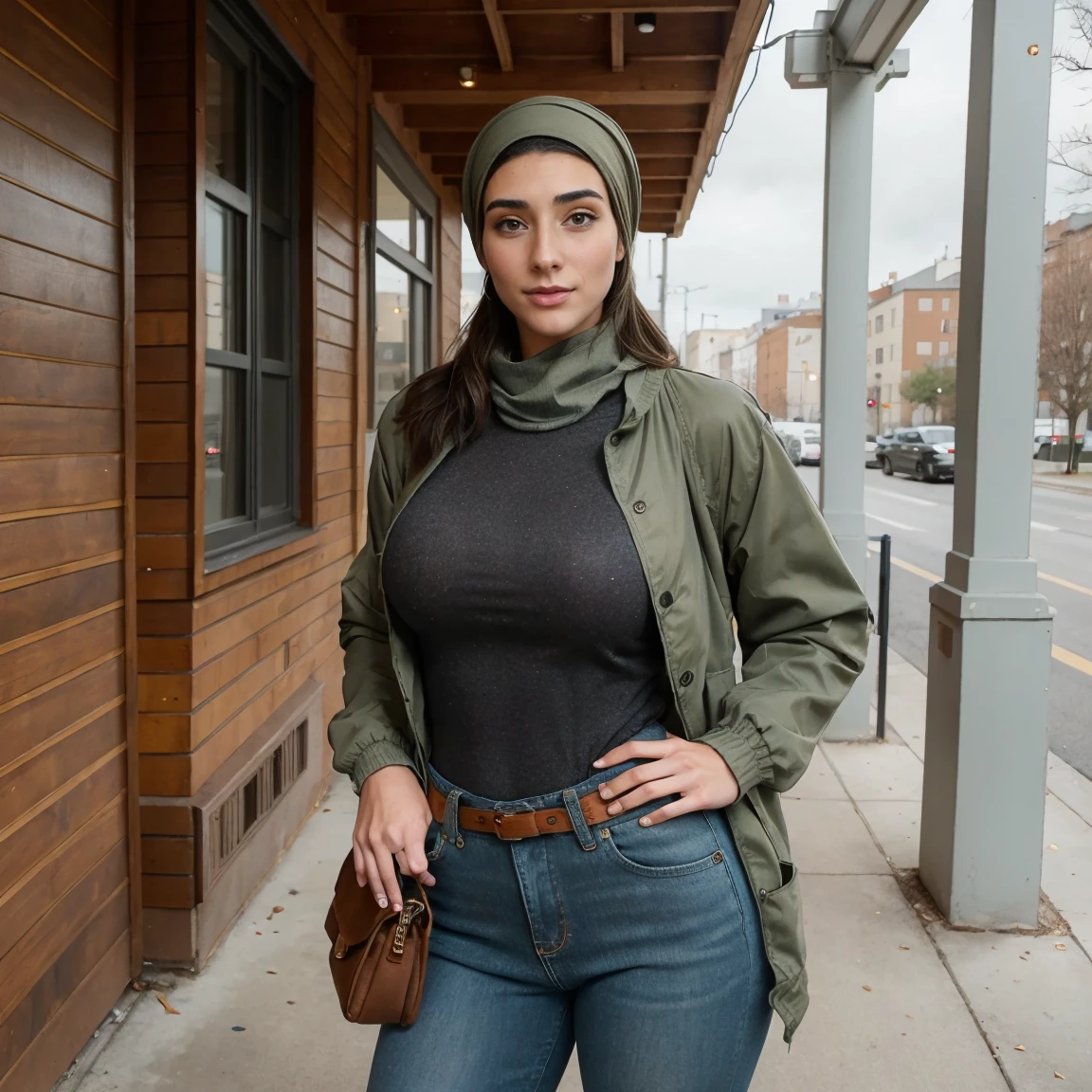 Extremely busty thin and toned brunette photographer, college girl, fair skin, loose side sweep, soft face, athletic, headwrap, headscarf, tight olive green casual windbreaker, skinny jeans. standing in front of her apartment building, outdoors, city, camera bag, shoulder strap