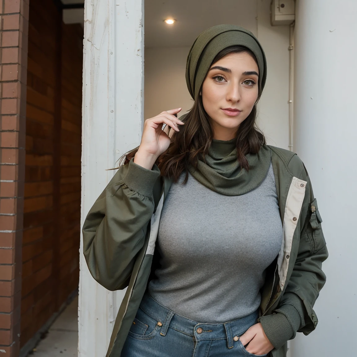 Extremely busty thin and toned brunette photographer, college girl, fair skin, loose side sweep, soft face, athletic, headwrap, headscarf, tight olive green casual windbreaker, skinny jeans. standing in front of her apartment building, outdoors, city, camera bag, shoulder strap