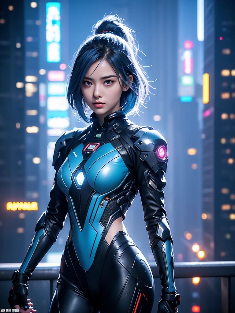 1 girl. best quality, realistic photo, raw photo thin waist, full body, breasts out, show pussy, small breasts, small ass, skinny thighs, platinum blue hair, short hair, detailed face, detailed eyes. In the neon-lit night city, standing on the rooftop of a high-rise building, around 18 years old, Rendered in a realistic cyberpunk style, she was wearing a power suit rich with mechanical details. The power suit was designed with advanced technology, featuring intricate mechanical parts on her arms and legs, and a glowing emblem on her chest. Her pose was active and ready for combat, one hand thrust forward, and the other hand clenched into a fist. Her expression was filled with determination, and her eyes, staring straight ahead, radiated a strong sense of resolve. In the distant sky, drones were flying, and the entire city was bathed in a futuristic glow. The perspective was slightly elevated, looking down on her, emphasizing her strength and determination.