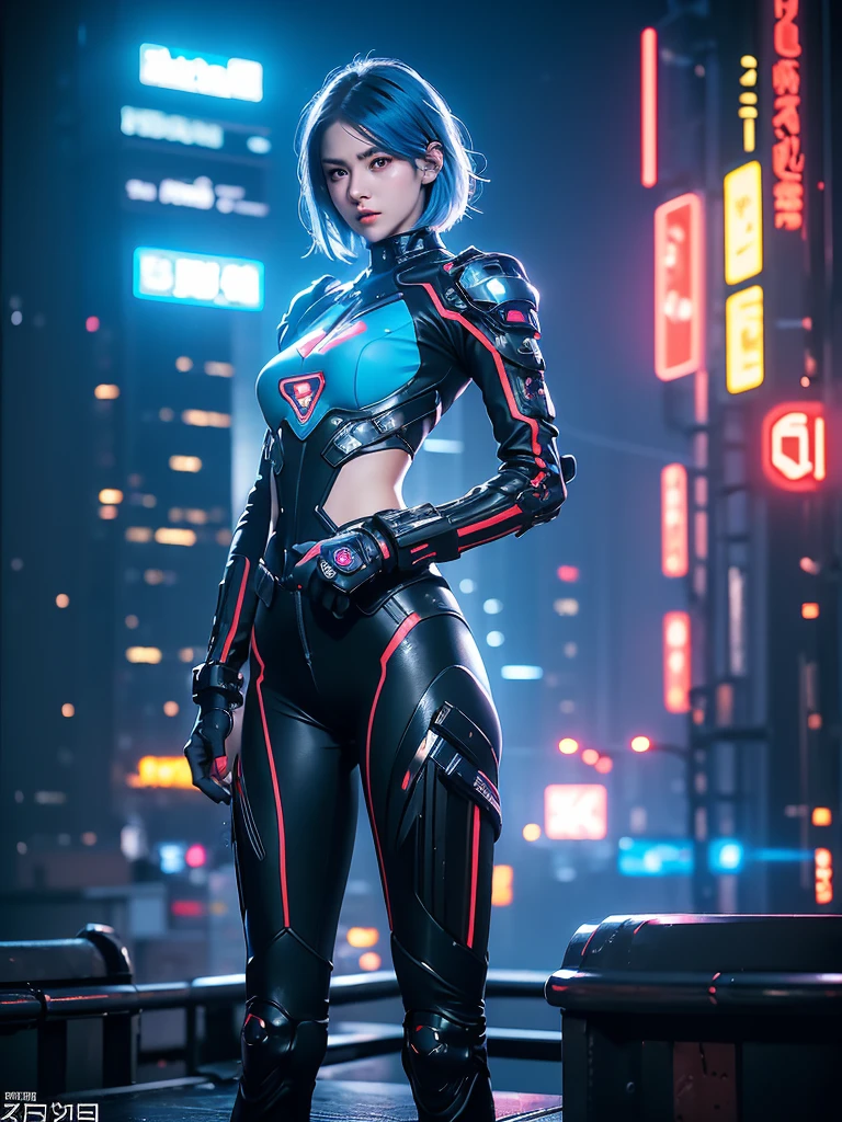 1 girl. best quality, realistic photo, raw photo thin waist, full body, breasts out, show pussy, small breasts, small ass, skinny thighs, platinum blue hair, short hair, detailed face, detailed eyes. In the neon-lit night city, standing on the rooftop of a high-rise building, around 18 years old, Rendered in a realistic cyberpunk style, she was wearing a power suit rich with mechanical details. The power suit was designed with advanced technology, featuring intricate mechanical parts on her arms and legs, and a glowing emblem on her chest. Her pose was active and ready for combat, one hand thrust forward, and the other hand clenched into a fist. Her expression was filled with determination, and her eyes, staring straight ahead, radiated a strong sense of resolve. In the distant sky, drones were flying, and the entire city was bathed in a futuristic glow. The perspective was slightly elevated, looking down on her, emphasizing her strength and determination.