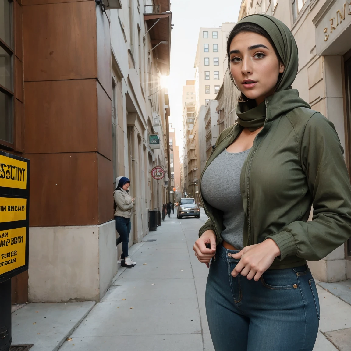 Extremely busty thin and toned brunette photographer, college girl, fair skin, loose side sweep, soft face, athletic, headwrap, headscarf, tight olive green casual windbreaker, skinny jeans. standing in front of her apartment building, outdoors, city, camera bag, cleavage 