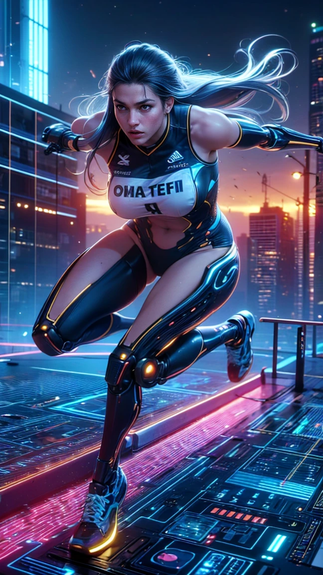 top quality, future world, State-of-the-art robot, Beautiful Woman, flying hair, Transformed into a cyborg except for the face, sexy images, whole body photo, ((Athlete, Steeplechase))