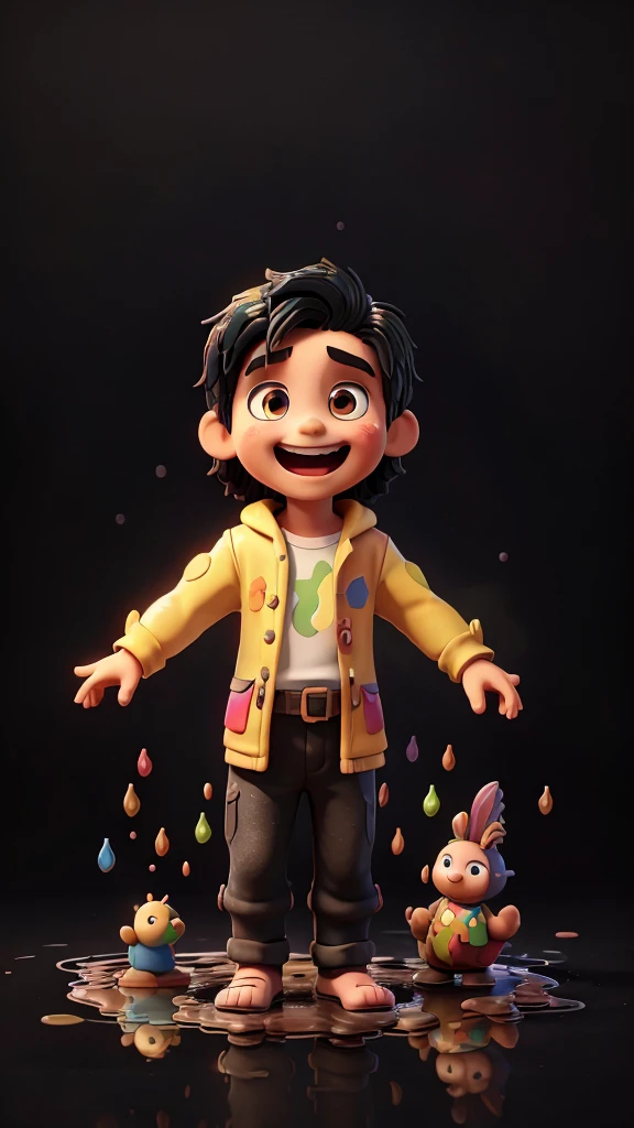 A lush 3D representation of (child Jesus Christ) with an hourglass, (biblical clothing), (((piercing gaze))) his expressive eyes shining with joy as he laughs with his mouth open. black background with a large puddle of multicolored paint, the background has colorful splash effects, (((puddle of multicolored paint on a black background surrounding the character) )), The black background shines with a puddle of paint behind the 3D characters.