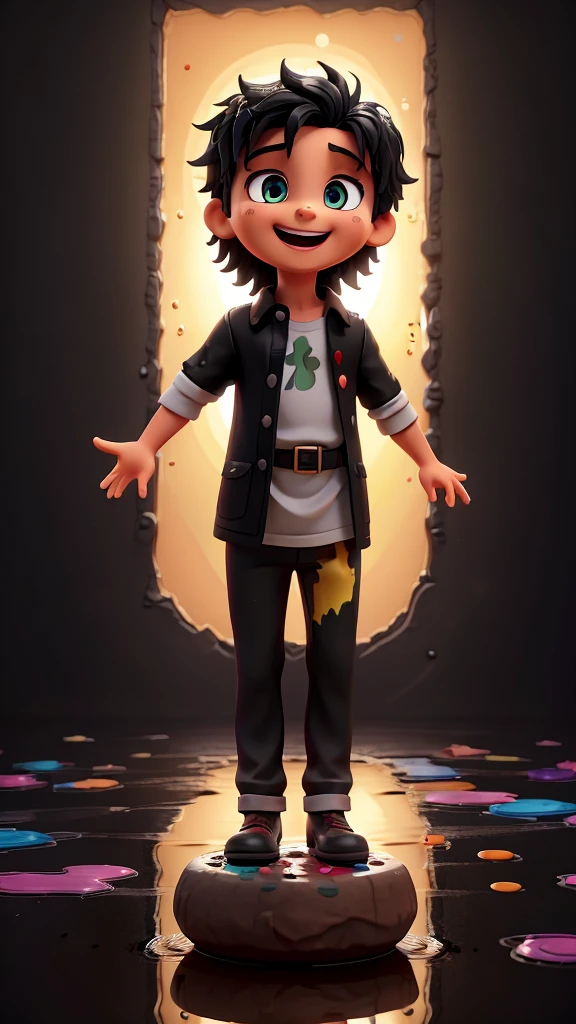 A lush 3D representation of ( Jesus Christ) with an hourglass, (biblical clothing), (((piercing gaze))) his expressive eyes shining with joy as he laughs with his mouth open. black background with a large puddle of multicolored paint, the background has colorful splash effects, (((puddle of multicolored paint on a black background surrounding the character) )), The black background shines with a puddle of paint behind the 3D characters.