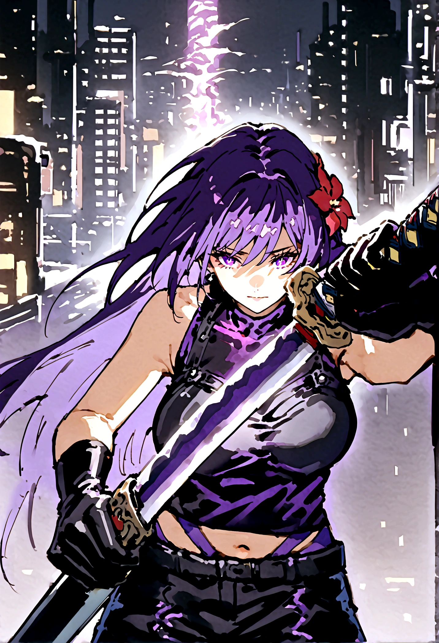 Anime girl with very long dark purple hair and a flower hair accessory wearing black short jeans with latex socks and a sport shoes wearing a cut shirt with no sleeves and half cut from below showing her belly with a black vest with short latex gloves purple glowing eyes holding a very long katana and in her other hand a very tall scabbard as she's surrendered with purple aura while giving a calm look on her face background city at night in Jujutsu Kaisen style while approaching a weird creature 