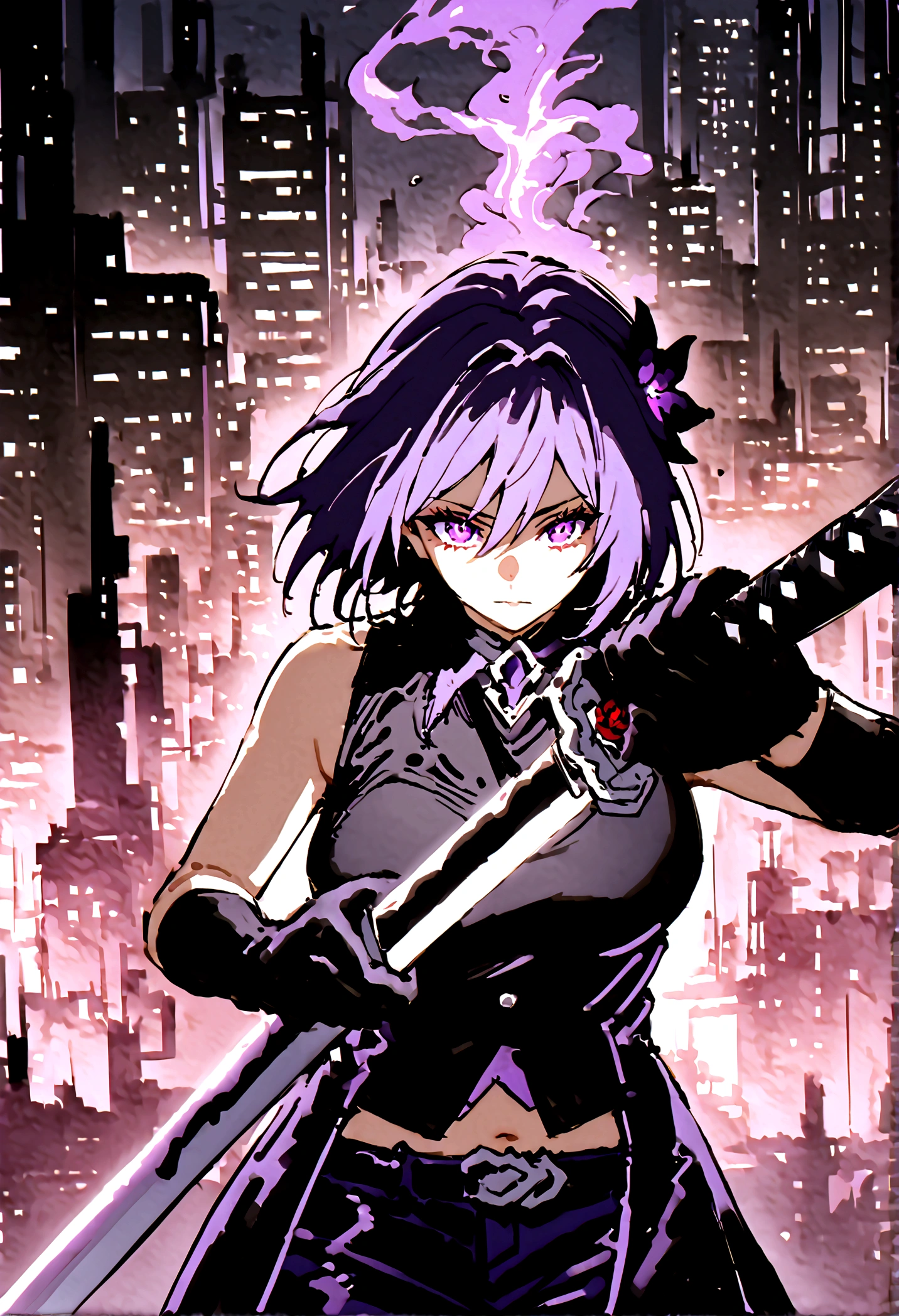 Anime girl with very long dark purple hair and a flower hair accessory wearing black short jeans with latex socks and a sport shoes wearing a cut shirt with no sleeves and half cut from below showing her belly with a black vest with short latex gloves purple glowing eyes holding a very long katana and in her other hand a very tall scabbard as she's surrendered with purple aura while giving a calm look on her face background city at night in Jujutsu Kaisen style while approaching a weird creature 