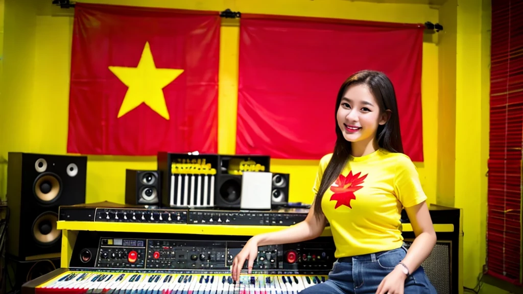 A beautiful girl inside a music studio , Vietnam flag t-shirt ( Red flag yellow star), High quality photos, HD, 4K