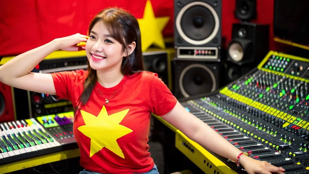 A beautiful girl inside a music studio , Vietnam flag t-shirt ( Red flag yellow star), High quality photos, HD, 4K