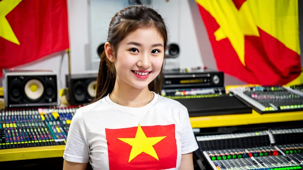 A beautiful girl inside a music studio , Vietnam flag t-shirt ( Red flag yellow star), High quality photos, HD, 4K