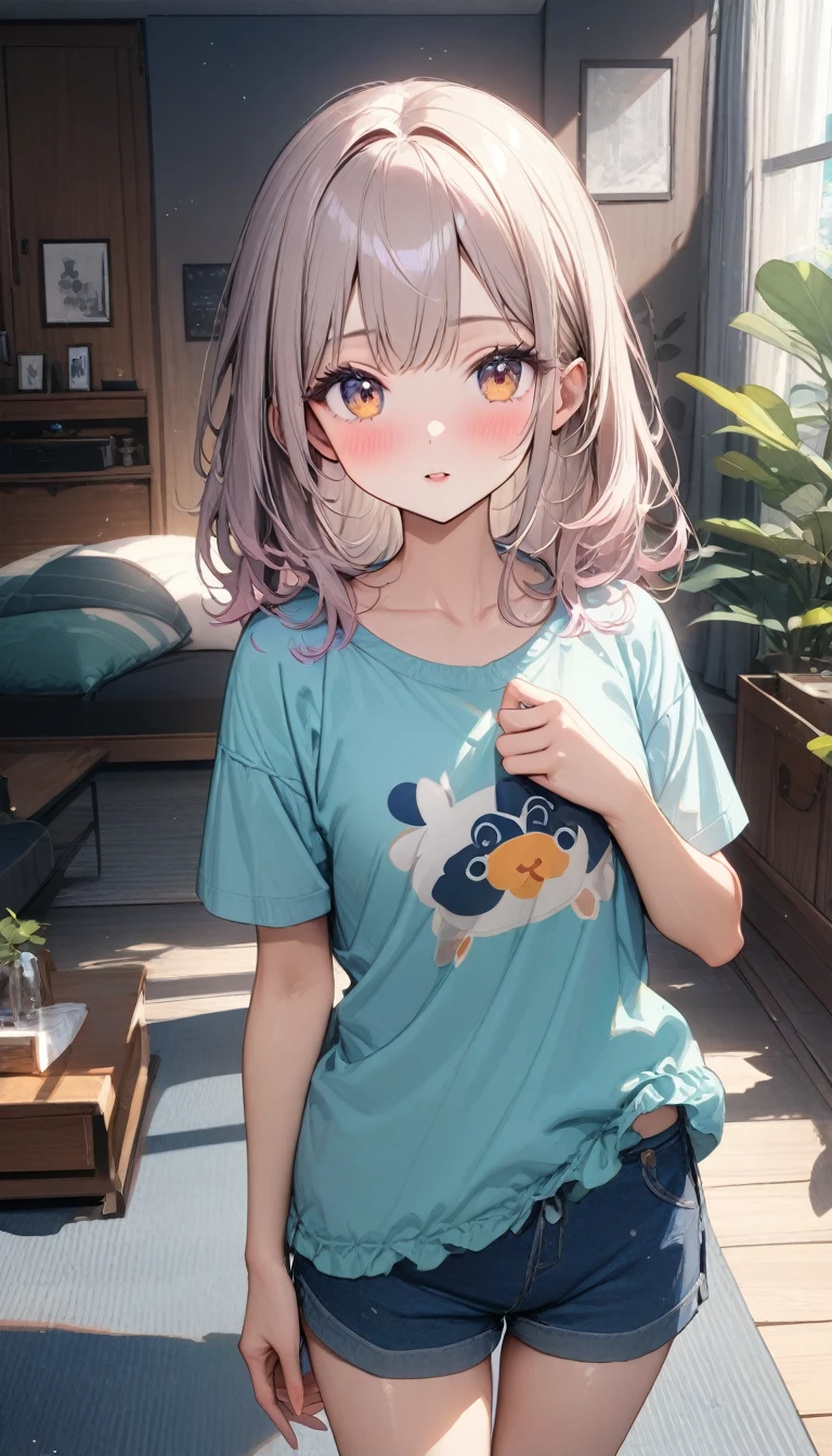 (masterpiece),(Highest quality),(Very detailed),(Best illustrations),(Best Shadow),Natural Light,(Detailed Background),(とてもbeautiful)(masterpiece),(Highest quality),(Very detailed),(Best illustrations),(Best Shadow),(Detailed Background),(とてもbeautiful), masterpiece, Highest quality, High resolution,,(masterpiece1.5),super high quality, Super detailed,Perfect drawing,One girl,alone,indoor,beautiful,Casual attire,Loungewear,T-Shirts,Shorts,Sparkling,Super cute,(Highest quality,High resolution,masterpiece:1.2),Super detailed,Vibrant colors,View here,beautiful女性、光沢のあるbeautiful肌,、((Clear Face))、High Resolution、Vibrant colors、完璧なbeautiful女の子、