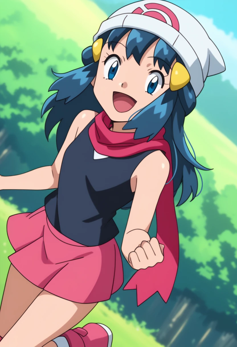 score_9, score_8_up, score_7_up, source anime, anime, animification, anime screencap, anime coloring, vivid colors, shiny skin, skindentation, deep skin, depth of field, high quality, highres, (dynamic angle,dynamic pose), dawncheerxl, 1girl, solo, long hair, looking at viewer, smile, open mouth, blue eyes,beanie, black sleeveless shirt, pink scarf, pink skirt, pink boots,outdoors, hair ornament, sky, holding, blue hair, :d, sidelocks, tongue, socks, hairclip, eyelashes , dawn \(pokemon\) BREAK masterpiece,high quality