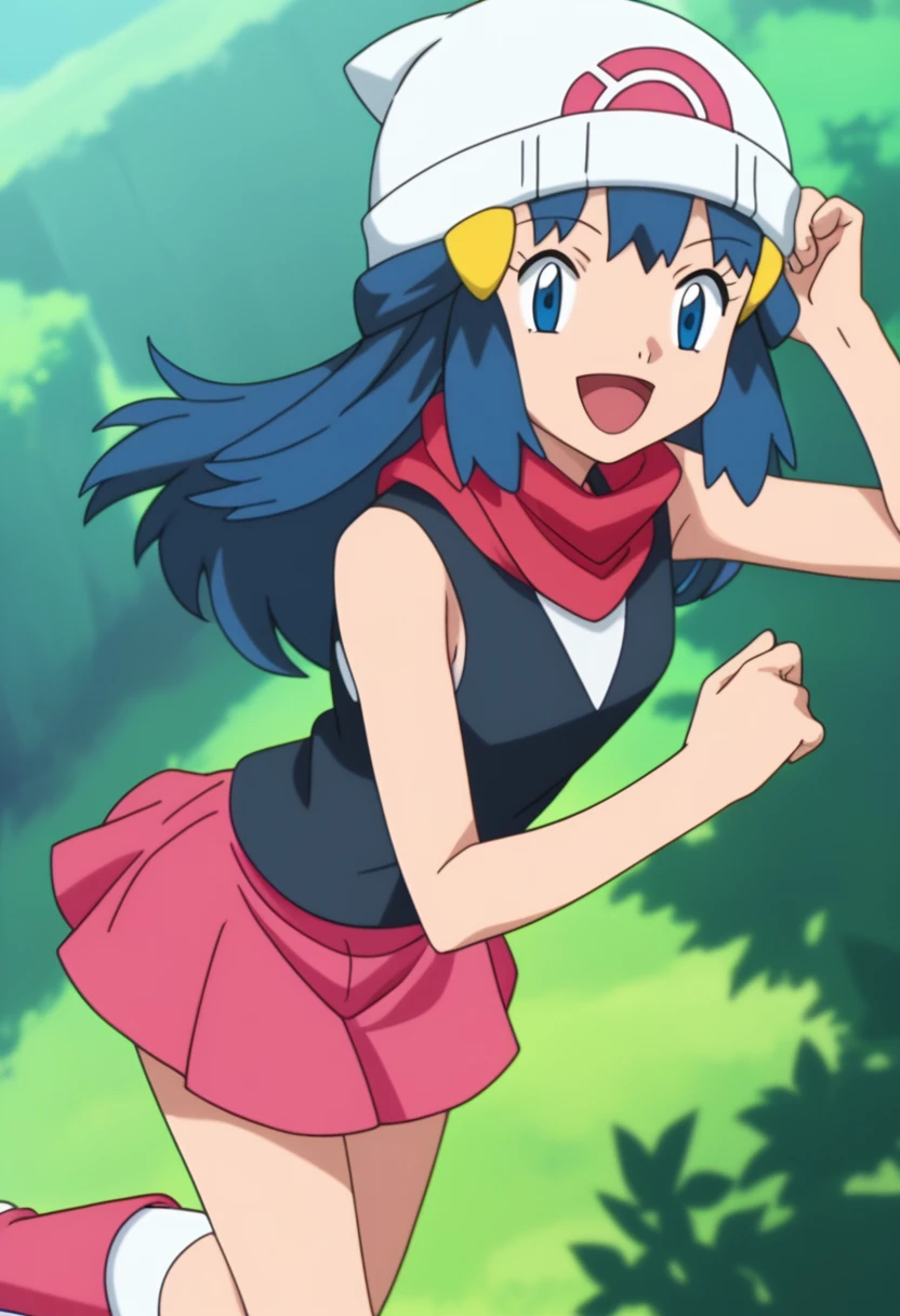 score_9, score_8_up, score_7_up, source anime, anime, animification, anime screencap, anime coloring, vivid colors, shiny skin, skindentation, deep skin, depth of field, high quality, highres, (dynamic angle,dynamic pose), dawncheerxl, 1girl, solo, long hair, looking at viewer, smile, open mouth, blue eyes,beanie, black sleeveless shirt, pink scarf, pink skirt, pink boots,outdoors, hair ornament, sky, holding, blue hair, :d, sidelocks, tongue, socks, hairclip, eyelashes , dawn \(pokemon\) BREAK masterpiece,high quality