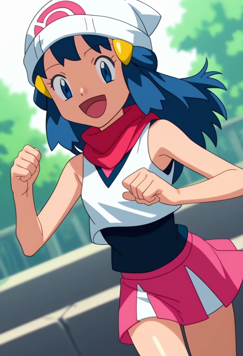 score_9, score_8_up, score_7_up, source anime, anime, animification, anime screencap, anime coloring, vivid colors, shiny skin, skindentation, deep skin, depth of field, high quality, highres, (dynamic angle,dynamic pose), dawncheerxl, 1girl, solo, long hair, looking at viewer, smile, open mouth, blue eyes,beanie, black sleeveless shirt, pink scarf, pink skirt, pink boots,outdoors, hair ornament, sky, holding, blue hair, :d, sidelocks, tongue, socks, hairclip, eyelashes , dawn \(pokemon\) BREAK masterpiece,high quality