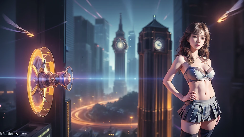 At night, (((aerial view of futuristic sci-fi cyberpunk city, skyscrapers, (((flying cars))), (vortex-spirit-spreading giant hologram (((clock tower))) as time machine), high quality))). Matrix style, (1girl, solo), photo realistic, (((large-breast:1.2 slim body, cleavage:1.3, perfect face, tube top, short pleated (((miniskirt)))))), (((((matrix style black (sunglasses), aiming at viewer with a (mini rifle):0.3))))), (((dynamic pose, half-body (thigh level) medium shot))), cinematic lighting.