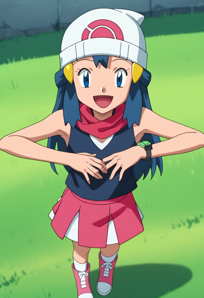 score_9, score_8_up, score_7_up, source anime, anime, animification, anime screencap, anime coloring, vivid colors, shiny skin, skindentation, deep skin, depth of field, high quality, highres, (dynamic angle,dynamic pose), dawncheerxl, 1girl, solo, long hair, looking at viewer, smile, open mouth, blue eyes,beanie, black sleeveless shirt, pink scarf, pink skirt, pink boots,outdoors, hair ornament, sky, holding, blue hair, :d, sidelocks, tongue, socks, hairclip, eyelashes , dawn \(pokemon\) BREAK masterpiece,high quality