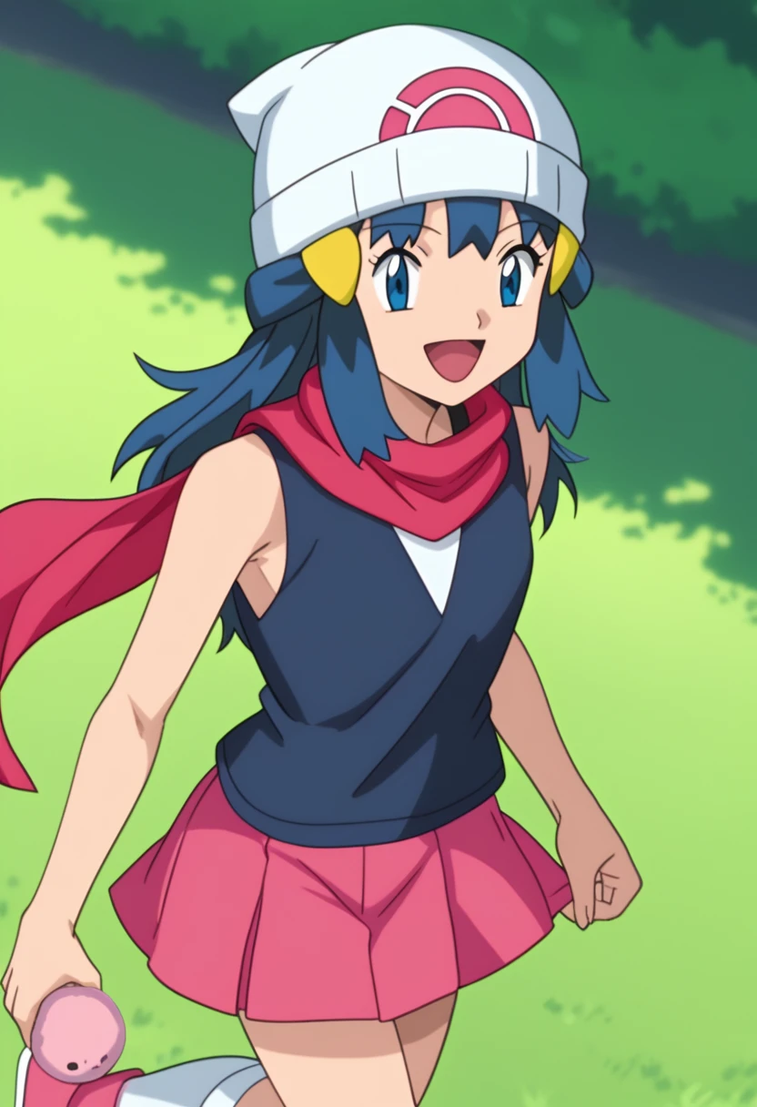 score_9, score_8_up, score_7_up, source anime, anime, animification, anime screencap, anime coloring, vivid colors, shiny skin, skindentation, deep skin, depth of field, high quality, highres, (dynamic angle,dynamic pose), dawncheerxl, 1girl, solo, long hair, looking at viewer, smile, open mouth, blue eyes,beanie, black sleeveless shirt, pink scarf, pink skirt, pink boots,outdoors, hair ornament, sky, holding, blue hair, :d, sidelocks, tongue, socks, hairclip, eyelashes , dawn \(pokemon\) BREAK masterpiece,high quality
