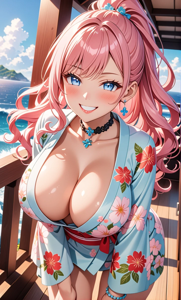 ultra-detailed, ((one girl)), (tan skin:1.2), in pastel colors gyaru, hyper detailed, absurdres, 8K, Beautiful Face, (Laugh shyly), ((teasing smile:1.8)), ((Wink:1.7)), (Laugh with your mouth wide open),((Tilt your head:1.6)), View your viewers, ((Bright red cheeks:1.6)),Glossy Red Lips, ((Big Breasts:1.5)), ((show off breast:1.4)), (erect nipples), night, Observation deck with ocean view, (Brighten your face), ((Anime style background)),masterpiece, Highest quality, so beautiful,Latest, Complex details, (Pink long nails), (nail art), (ring),(bracelet), (Floral Choker),AI-generated, Complex,High resolution, Highest quality, super high quality,3D Images、3D Images,One person,Pastel pink long hair,(High Ponytail), (wavy hair:1.3), Pastel anime woman posing for a photo, ((Fine grain、blue eyes、glowing eyes:1.4)), (Squint your eyes:1.1),a hyperRealistic , hyperRealistic , Realistic,Anime woman with long pastel pink hair, Smooth anime CG art, A girl in a gorgeous pastel-colored kimono, ((undressing)), ((Pastel-colored furisode)),(Pink large floral pattern) ,Long flower hair ornament,Floral Earrings,Mature Body, tall,Narrow waist, ((leaning forward:1.5)), (from below),