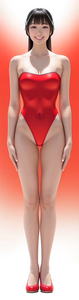 On a white background,A tall and beautiful Chinese girl,with fair skin,Toothy smile,A big smile,When you laugh, Your eyes are crescent-shaped,blunt bangs, long straight hair,Wear a one-piece swimsuit and pumps,Swimsuits are decorated with joyful patterns, Stand up straight,Stand upright,hands on sides,Symmetrical distribution,Ray tracing,All shaded areas,No windows, Soft lighting, Warm light, flood light, n, Studio light, 1.4x Realistic Ultra HD