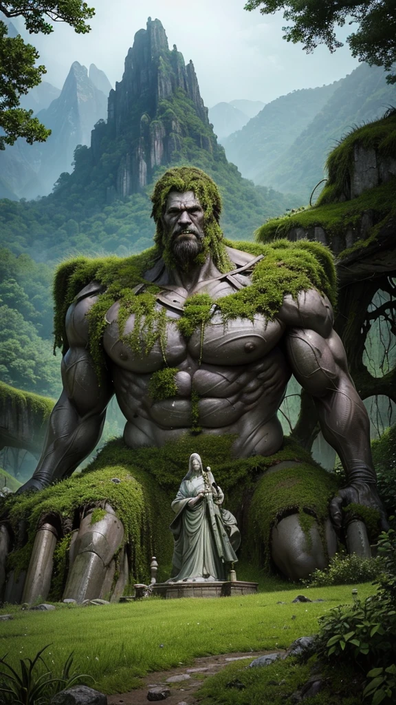 "A bird's-eye view of a mountain ridge with a line of massive, 50-meter-tall grotesque statues resembling skeletons, each covered in moss and vines. These towering statues are lined up along the mountain peaks, following the natural curve of the terrain. The statues have eerie, hollow eyes and decayed features, creating a haunting and unsettling atmosphere. The scene is set on a misty mountain top, with lush, green foliage covering the mountainside. The perspective emphasizes the enormous height of the statues and their endless line stretching along the ridge, blending seamlessly into the rugged landscape and evoking a sense of awe and fear. The image should be highly detailed, with realistic textures and lighting, capturing the depth and intricacies of the statues and the surrounding natural environment in 4K quality."