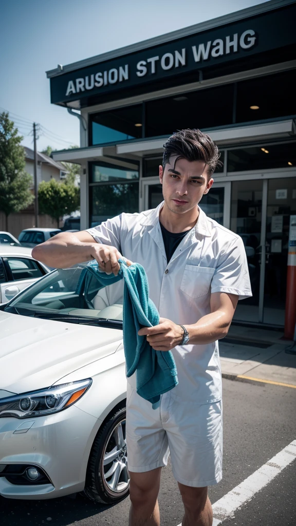 Create an image of a car wash man washing a car a very chic car wash top with the number 3899889-1077 very illustrative, attention-grabbing image to add a company profile