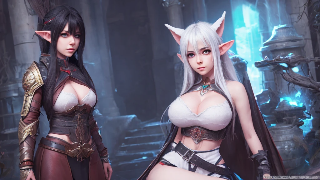 elf woman, white hair, white eyes, slim waist, big breasts, full body, best quality, artwork, cinematic, detailed, realistic, detailed face.