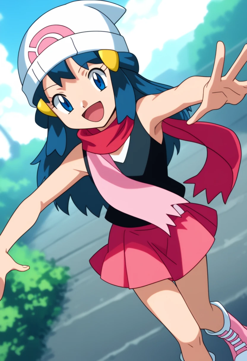 score_9, score_8_up, score_7_up, source anime, anime, animification, anime screencap, anime coloring, vivid colors, shiny skin, skindentation, deep skin, depth of field, high quality, highres, (dynamic angle,dynamic pose), dawncheerxl, 1girl, solo, long hair, looking at viewer, smile, open mouth, blue eyes,beanie, black sleeveless shirt, pink scarf, pink skirt, pink boots,outdoors, hair ornament, sky, holding, blue hair, :d, sidelocks, tongue, socks, hairclip, eyelashes , dawn \(pokemon\) BREAK masterpiece,high quality