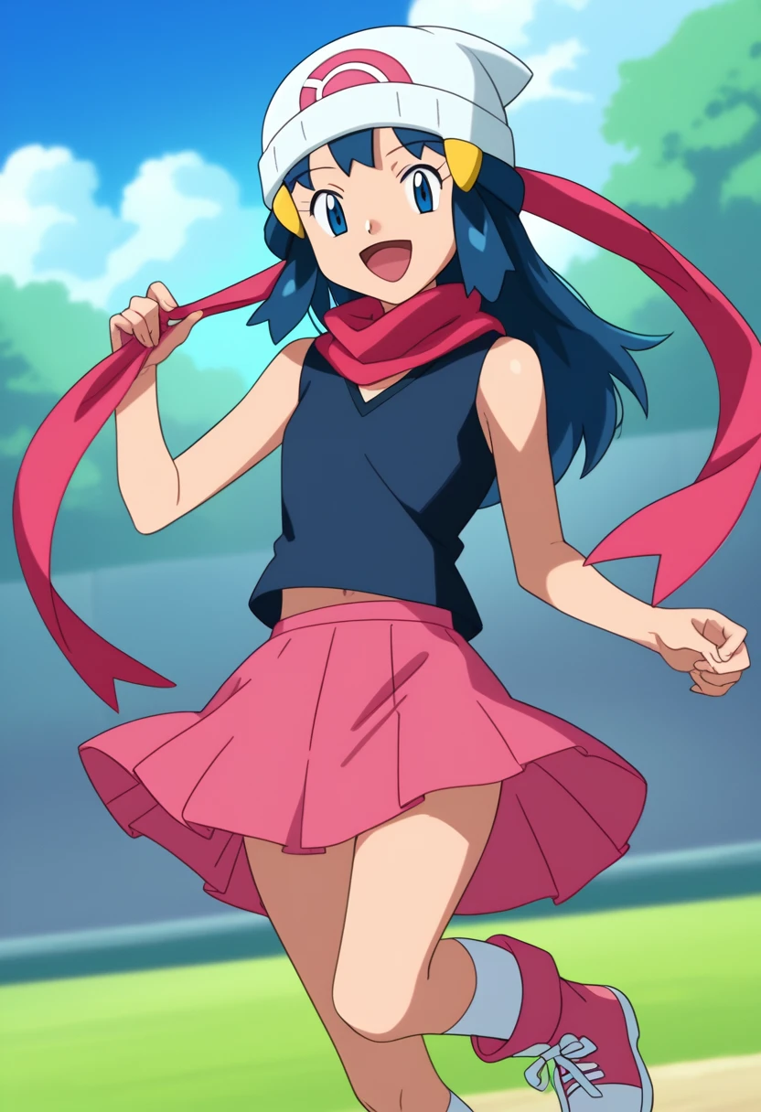 score_9, score_8_up, score_7_up, source anime, anime, animification, anime screencap, anime coloring, vivid colors, shiny skin, skindentation, deep skin, depth of field, high quality, highres, (dynamic angle,dynamic pose), dawncheerxl, 1girl, solo, long hair, looking at viewer, smile, open mouth, blue eyes,beanie, black sleeveless shirt, pink scarf, pink skirt, pink boots,outdoors, hair ornament, sky, holding, blue hair, :d, sidelocks, tongue, socks, hairclip, eyelashes , dawn \(pokemon\) BREAK masterpiece,high quality